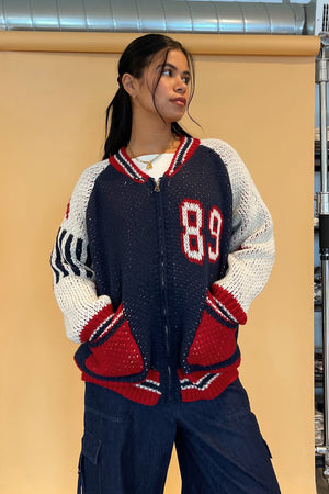89 Navy Number Knit Zip Up Sweater