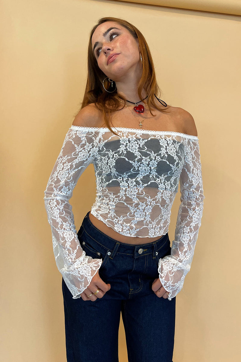 Adelia White Lace Off the Shoulder Long Sleeve Top – Rebelflow