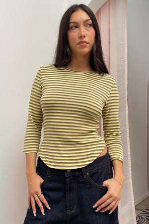 Daisy Chain Yellow Tan and Brown Stripe 3/4 Sleeve Top