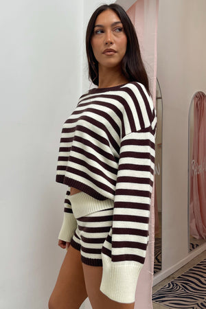 Staying In Brown and Cream Stripe Knit Sweater Top