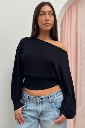 Delphine Black Off the Shoulder Sweater Top