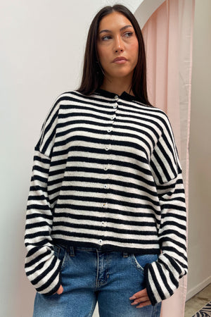 Blythe Black and Cream Stripe Button Up Cardigan