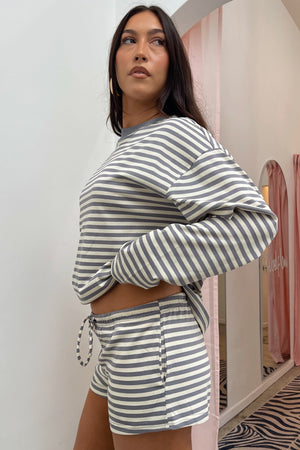 Right Now Grey and Cream Stripe Mini Shorts