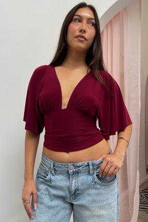 Every Single Night Burgundy Plunge Neck Short Sleeve Top