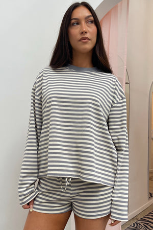 Right Now Grey and Cream Stripe Long Sleeve Top