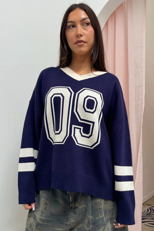 09 Navy and Cream Varsity Style V-Neck Sweater