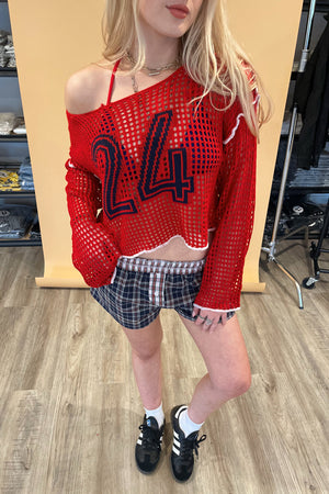 24 Red Open Knit Long Sleeve Top
