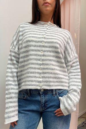 Blythe Heather Grey and White Stripe Button Up Cardigan
