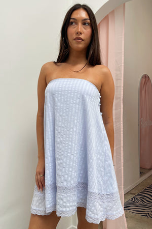 Leora Blue Pinstripe Eyelet with Lace Trim Strapless Mini Dress