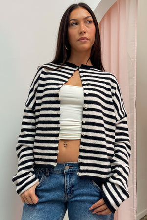 Blythe Black and Cream Stripe Button Up Cardigan