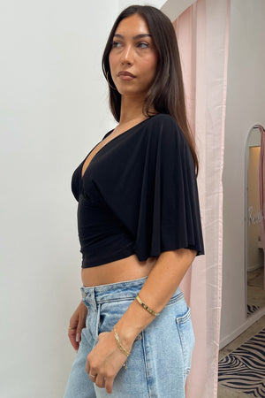Every Single Night Black Plunge Neck Short Sleeve Top