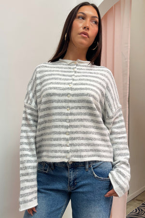 Blythe Heather Grey and White Stripe Button Up Cardigan