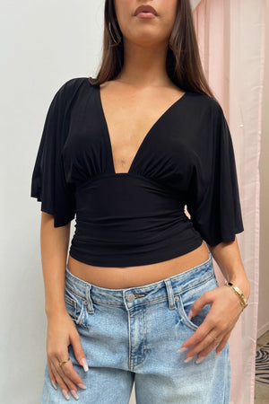 Every Single Night Black Plunge Neck Short Sleeve Top