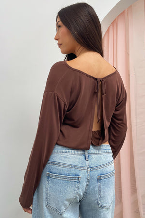 Looking Back Brown Tie Back Long Sleeve Top