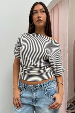 Jamie Grey and Ivory Stripe Wide Neck Top