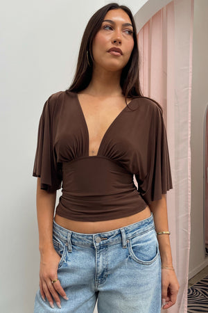 Every Single Night Brown Plunge Neck Short Sleeve Top