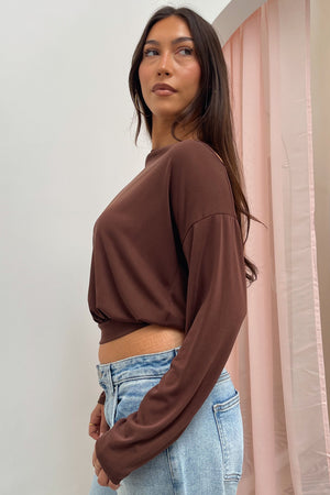 Looking Back Brown Tie Back Long Sleeve Top