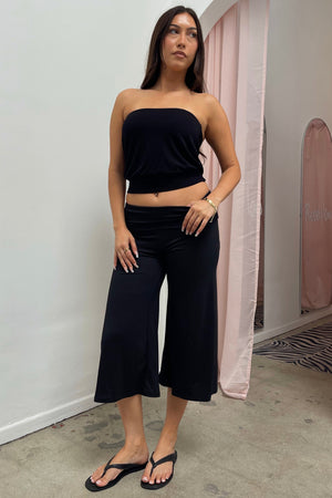 Cassie Black Lightweight Foldover Gaucho Capris