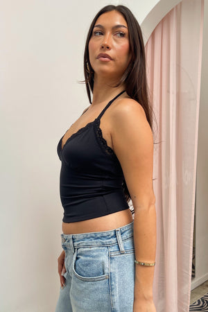 Misty Black with Lace Trim Halter Tank Top