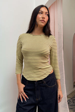 Daisy Chain Yellow Tan and Brown Stripe 3/4 Sleeve Top