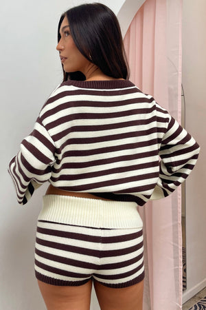 Staying In Brown and Cream Stripe Knit Foldover Shorts