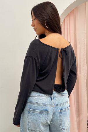 Looking Back Black Tie Back Long Sleeve Top