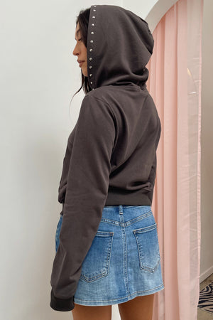 Running Late Charcoal with Silver Stud Zip Up Hoodie