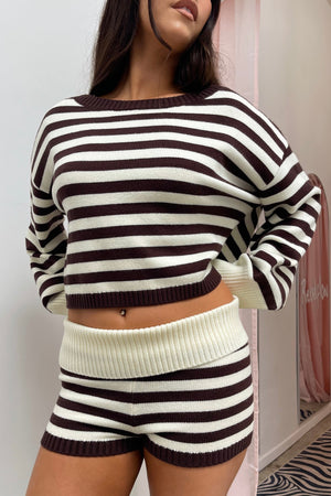 Staying In Brown and Cream Stripe Knit Foldover Shorts