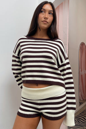 Staying In Brown and Cream Stripe Knit Foldover Shorts