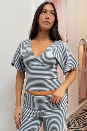 Catch Up Blue and Grey Stripe Cross Front Fitted Top