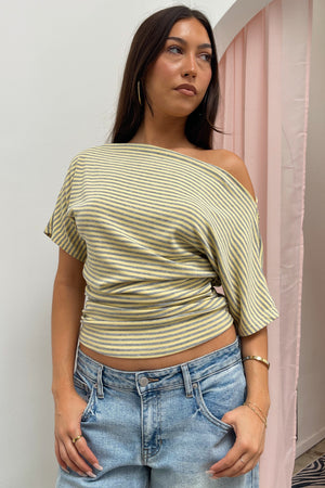 Jamie Yellow and Heather Grey Stripe Wide Neck Top