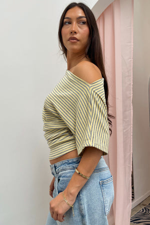 Jamie Yellow and Heather Grey Stripe Wide Neck Top