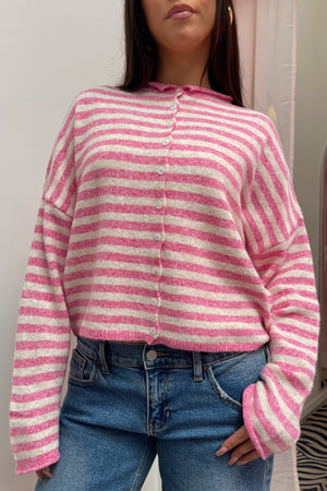 Blythe Pink and Cream Stripe Button Up Cardigan