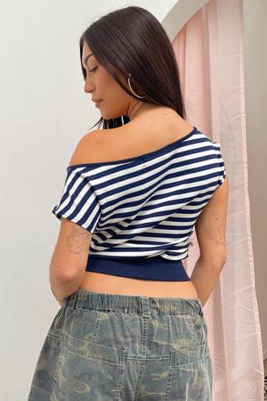 Brynn Navy and Ivory Stripe Wide Neck Top