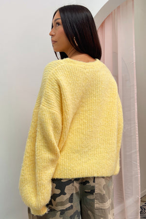On the Regular Yellow Plush Bubble Sleeve Button Up Cardigan