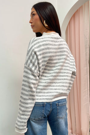 Blythe Heather Grey and White Stripe Button Up Cardigan