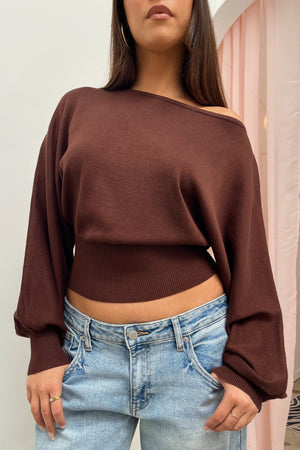 Delphine Brown Off the Shoulder Sweater Top