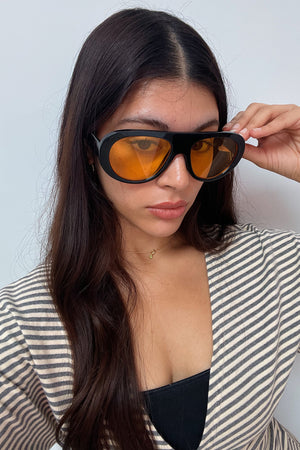 66 Black with Yellow Lens Aviator Shield Sunnies