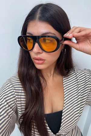 66 Black with Yellow Lens Aviator Shield Sunnies