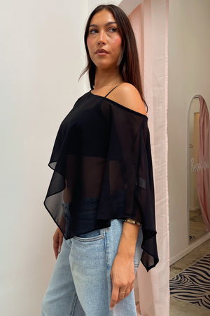 Maxine Black Sheer Chiffon Asymmetrical Poncho