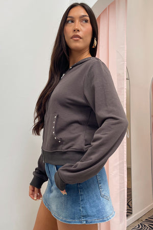 Running Late Charcoal with Silver Stud Zip Up Hoodie