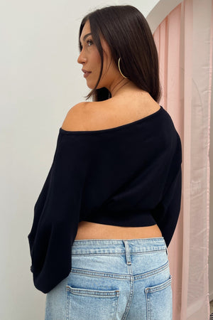 Delphine Black Off the Shoulder Sweater Top