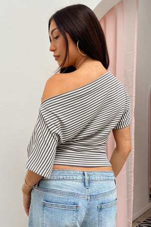 Jamie Grey and Ivory Stripe Wide Neck Top