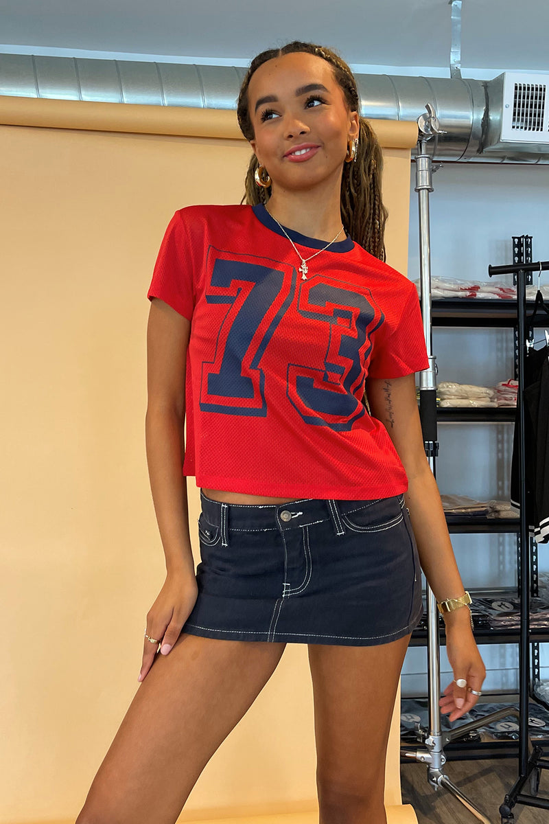 73 Red and Navy Jersey Style Baby Tee