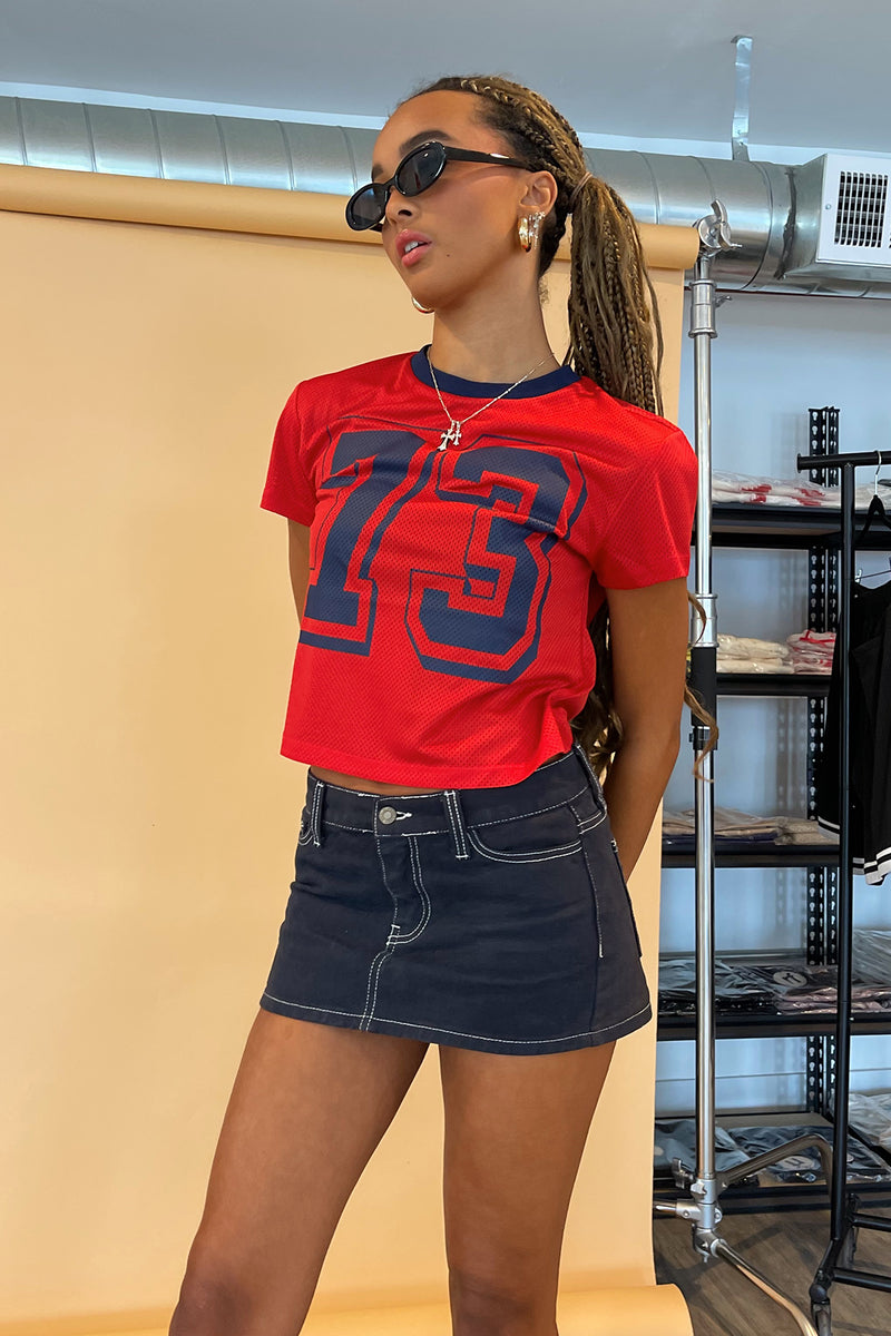 73 Red and Navy Jersey Style Baby Tee