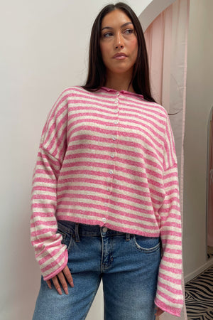 Blythe Pink and Cream Stripe Button Up Cardigan