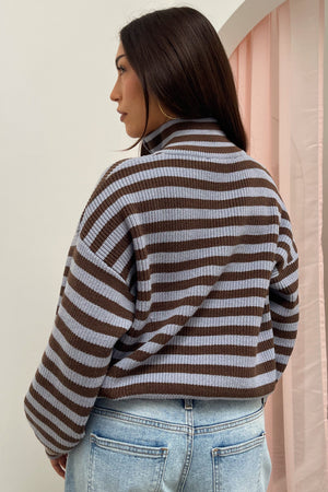 Zodiac Sign Blue and Brown Stripe Knit Zip Up Sweater
