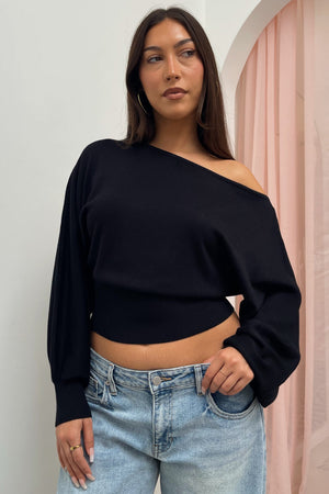 Delphine Black Off the Shoulder Sweater Top