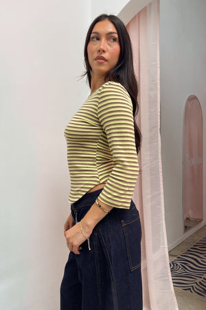 Daisy Chain Yellow Tan and Brown Stripe 3/4 Sleeve Top