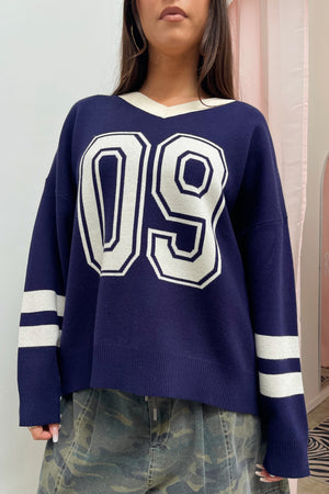 09 Navy and Cream Varsity Style V-Neck Sweater